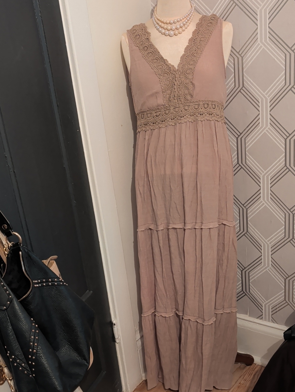 Rebellion Beige Boho Crochet-Trim Maxi Dress